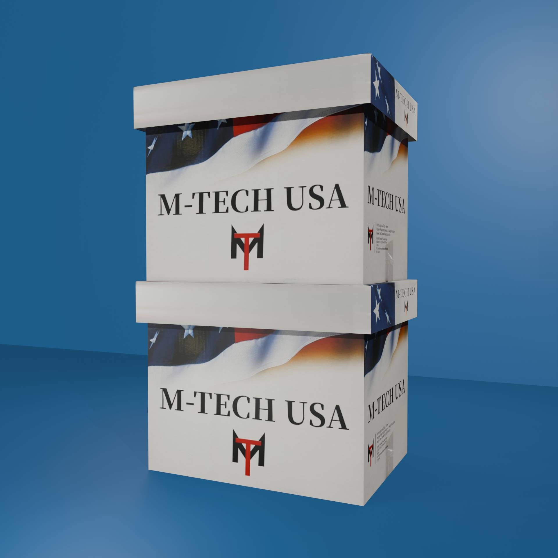 Two M-Tech USA boxes stacked on a blue background